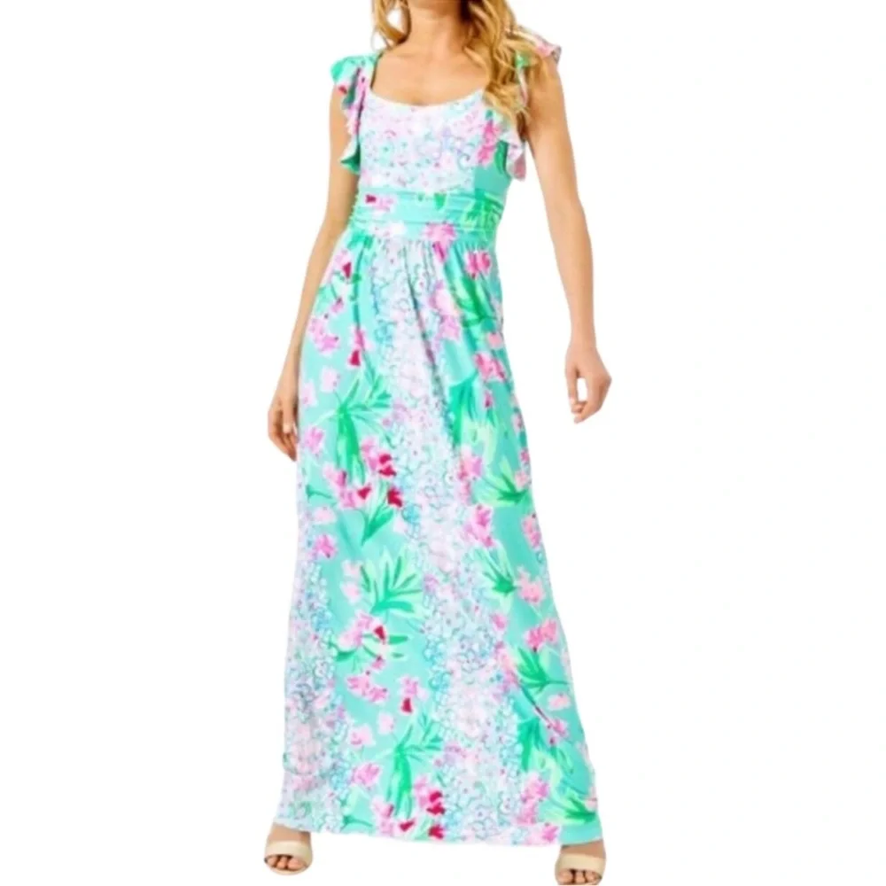 Lilly Pulitzer Mint Green Floral Maxi Dress with Pink Accents - Picture 1 of 6